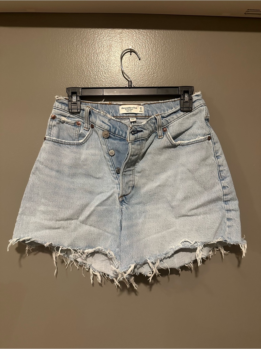 Abercrombie & Fitch Light Blue High-Waist Asymmetrical Denim Shorts curve love